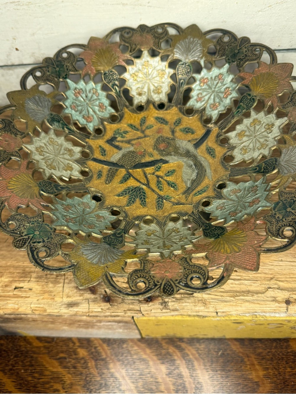 Vintage Brass Peacock Pedestal Dish – Hand-Painted Enamel Compote Bowl – Ornate